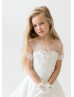 Short Sleeve Beaded Ivory Lace Satin Pearl Long Flower Girl Dress Princess Dress